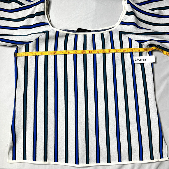 Ann Taylor Womens XL Blouse White Blue Green Stripe Off The Shoulder Boho Casual - Picture 3 of 11